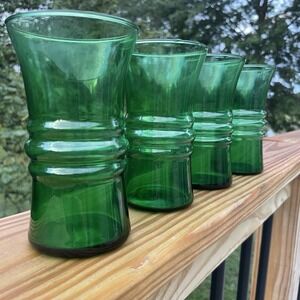 Anchor Hocking Glass Forest Green 8oz Ringed Ribbed Tumbler Vintage MCM Set Of 4